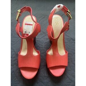 Vince Camuto Mathis Coral Leather Wooden Heel T-Strap Wedge Sandals SZ 8.5M Chic